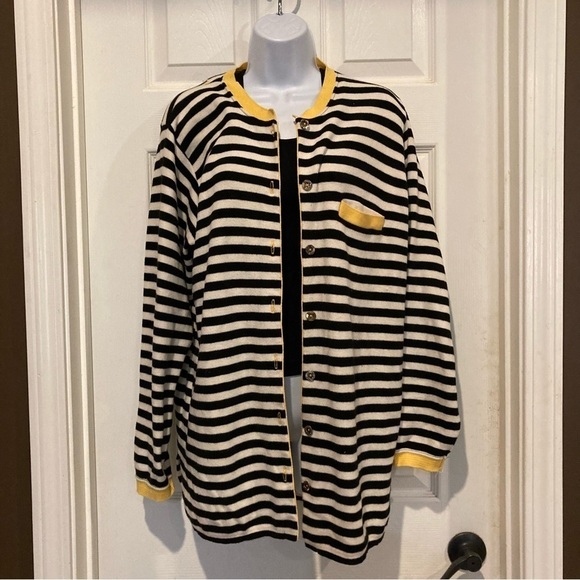 Ladies Black/White Yellow Striped Cardigan - Picture 1 of 6
